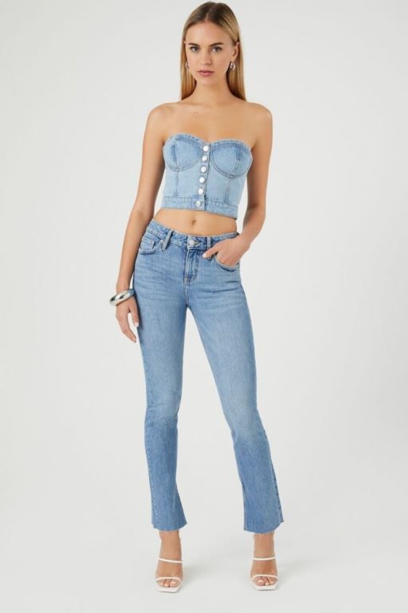 Jeans Forever 21 Distressed Split Hem Directo Leg Mujer Azules | HEL9RFfZ3dt