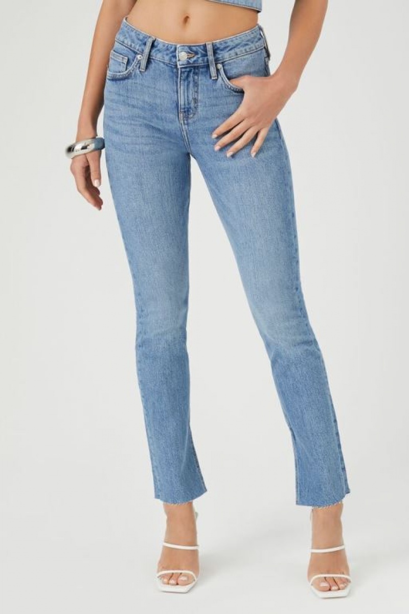 Jeans Forever 21 Distressed Split Hem Directo Leg Mujer Azules | HEL9RFfZ3dt