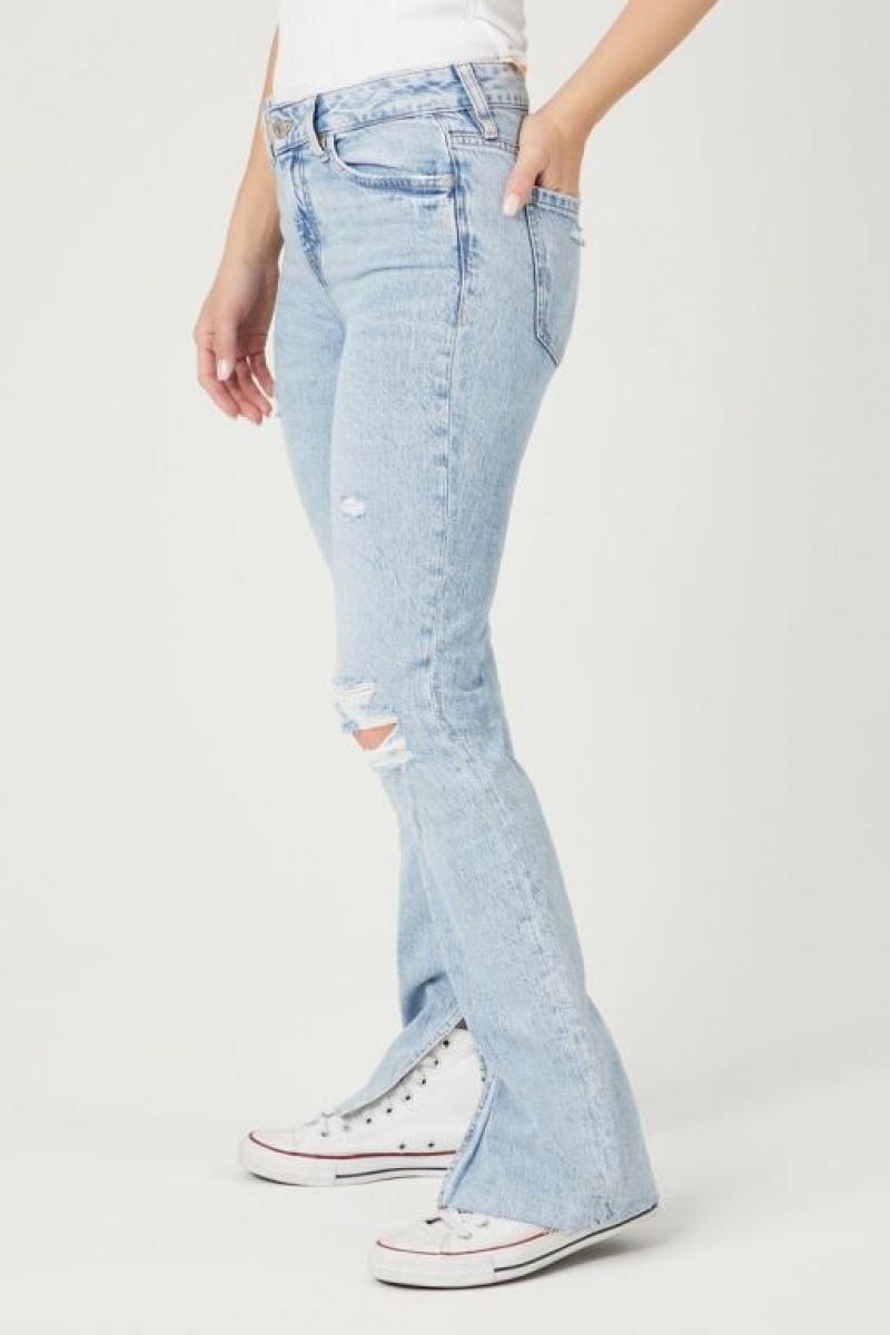 Jeans Forever 21 Distressed Split Hem Directo Leg Mujer Azules Claro | JVFzE5cckyq