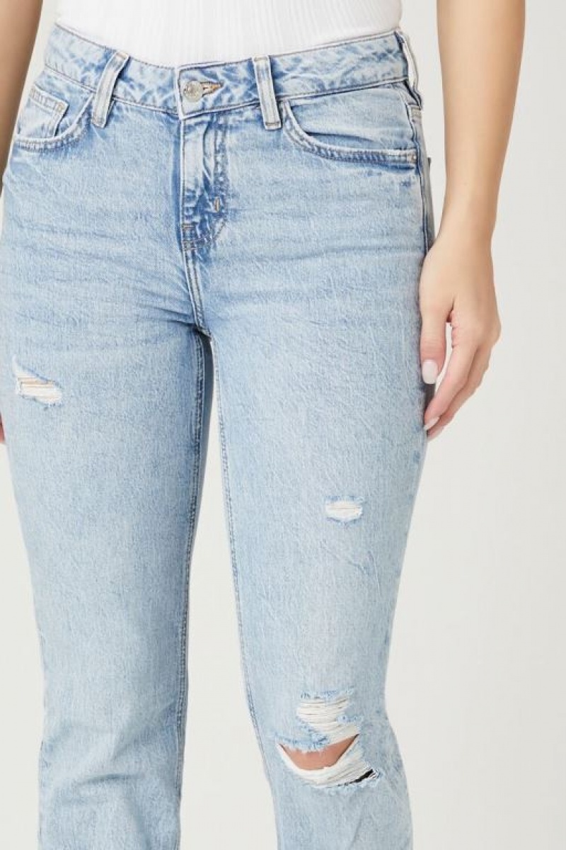 Jeans Forever 21 Distressed Split Hem Directo Leg Mujer Azules Claro | JVFzE5cckyq