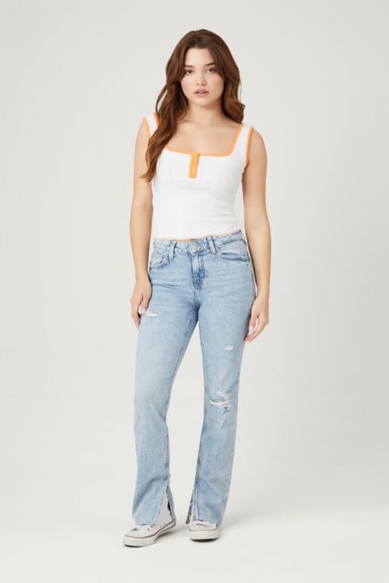 Jeans Forever 21 Distressed Split Hem Directo Leg Mujer Azules Claro | JVFzE5cckyq