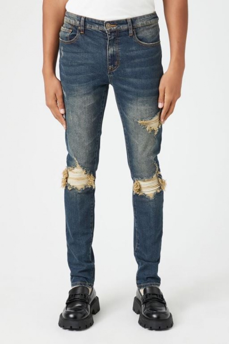 Jeans Forever 21 Distressed Stone Wash Flaco Hombre Azules Oscuro | 7amBCOEQ4fj