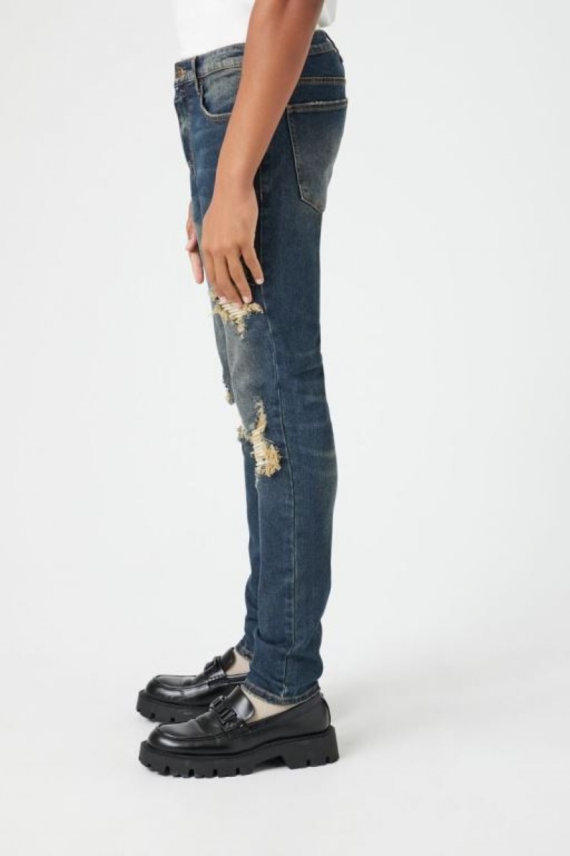 Jeans Forever 21 Distressed Stone Wash Flaco Hombre Azules Oscuro | 7amBCOEQ4fj