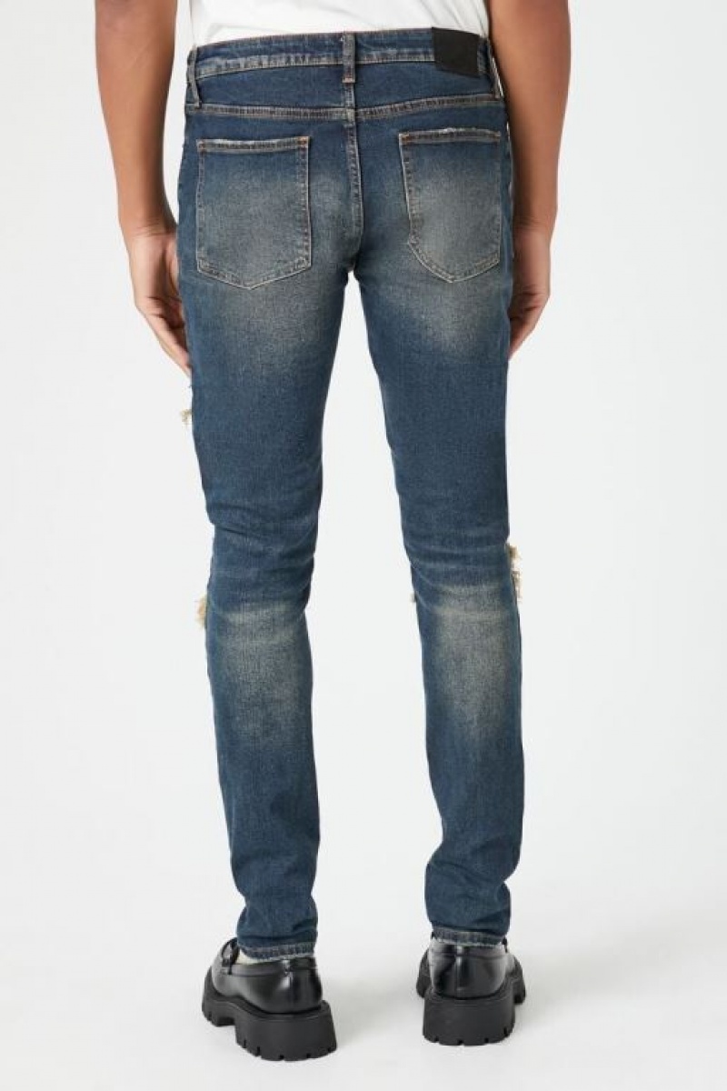 Jeans Forever 21 Distressed Stone Wash Flaco Hombre Azules Oscuro | 7amBCOEQ4fj