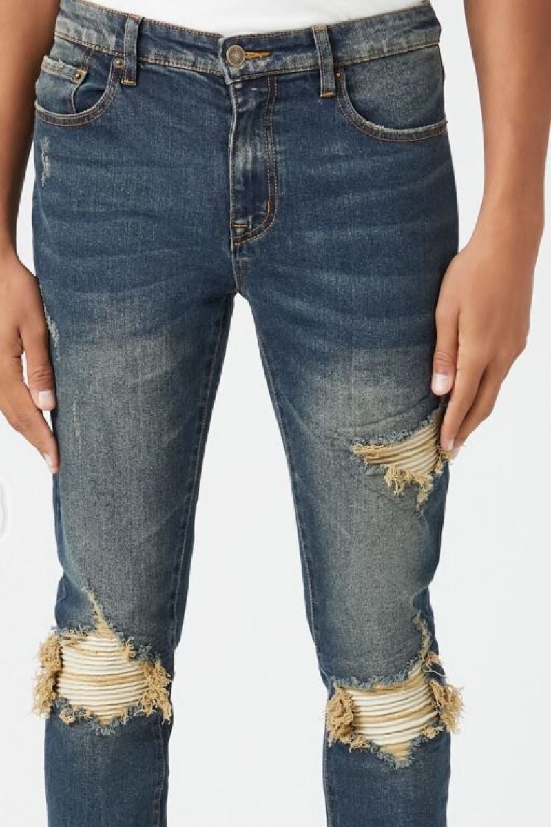 Jeans Forever 21 Distressed Stone Wash Flaco Hombre Azules Oscuro | 7amBCOEQ4fj