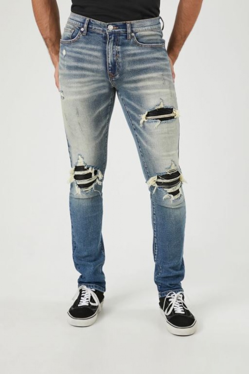 Jeans Forever 21 Distressed Stone Wash Flaco Hombre Azules | 0UKKIrrdOCF