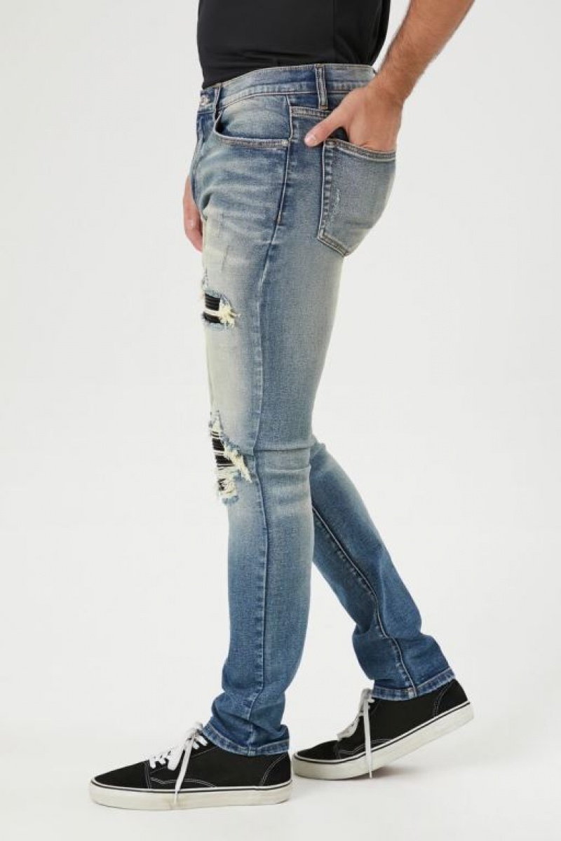 Jeans Forever 21 Distressed Stone Wash Flaco Hombre Azules | 0UKKIrrdOCF