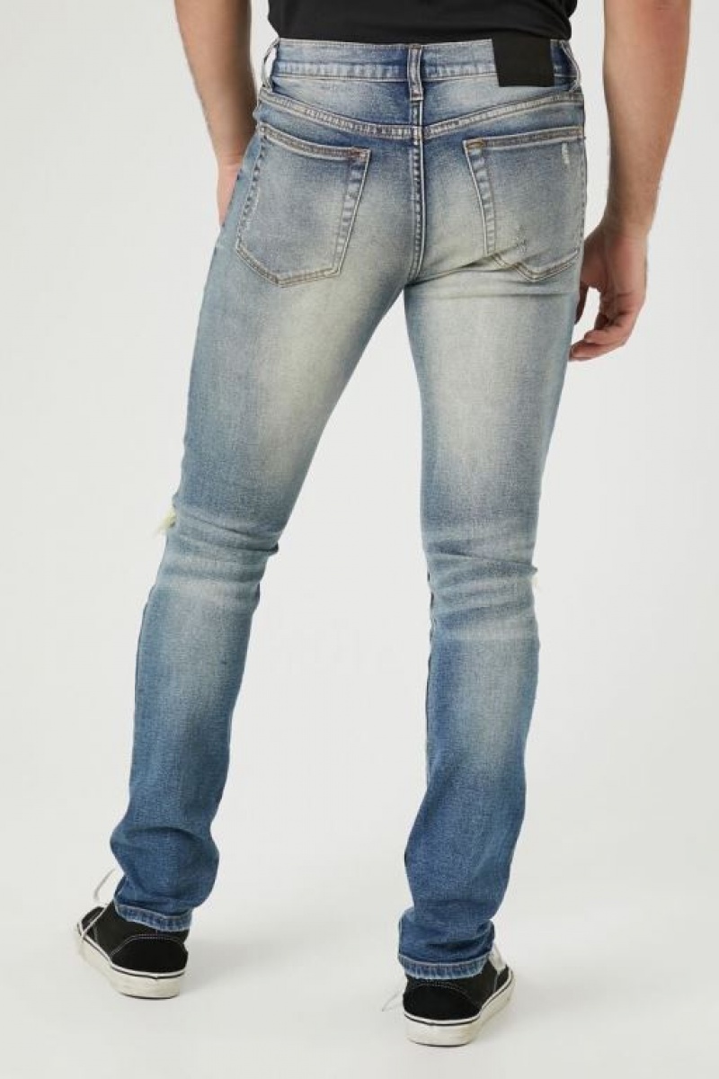 Jeans Forever 21 Distressed Stone Wash Flaco Hombre Azules | 0UKKIrrdOCF