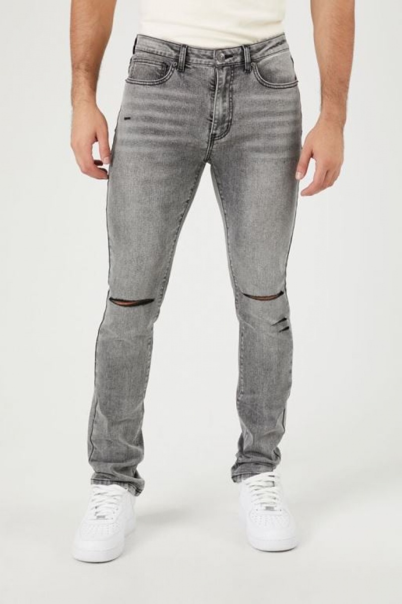 Jeans Forever 21 Distressed Stretch Denim Flaco Hombre Gris | Zga2cXDPECU