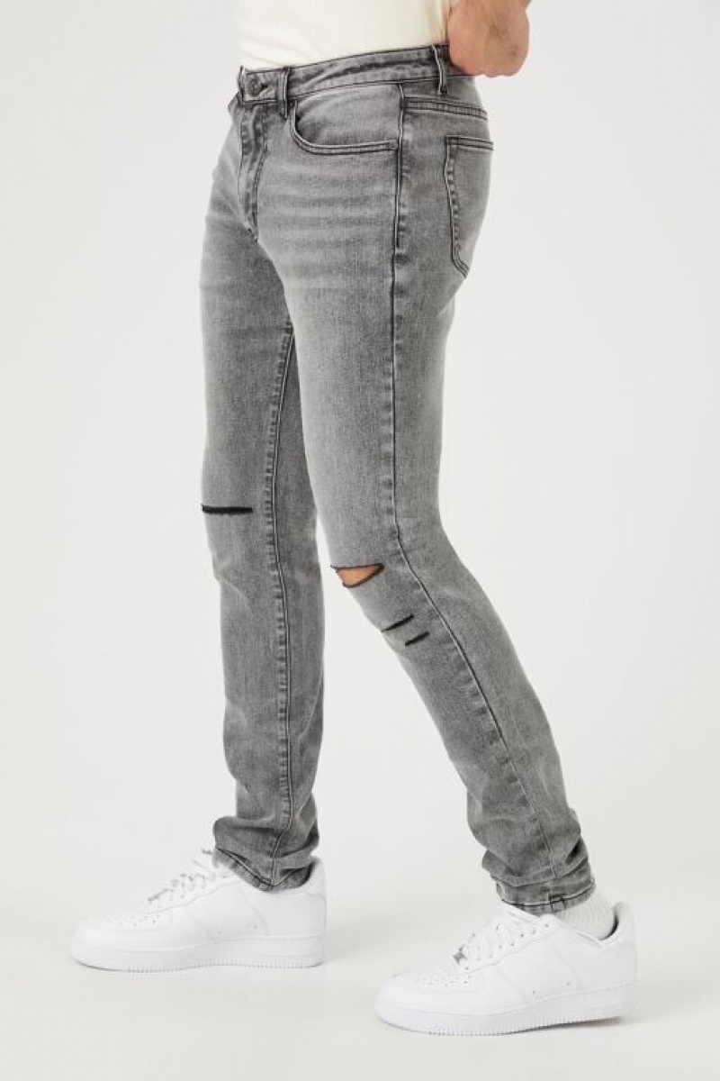 Jeans Forever 21 Distressed Stretch Denim Flaco Hombre Gris | Zga2cXDPECU