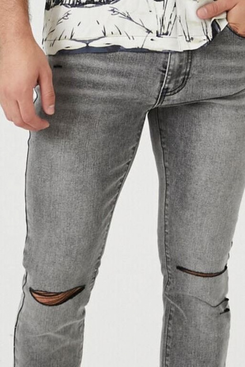 Jeans Forever 21 Distressed Stretch Denim Flaco Hombre Gris | Zga2cXDPECU