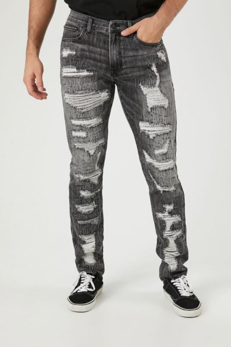 Jeans Forever 21 Distressed Stretch Denim Slim Fit Hombre Negras | HpOsAJd3GOX