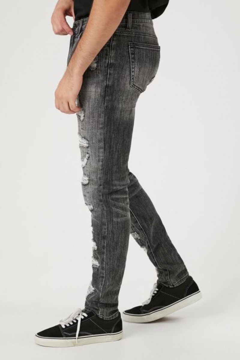 Jeans Forever 21 Distressed Stretch Denim Slim Fit Hombre Negras | HpOsAJd3GOX