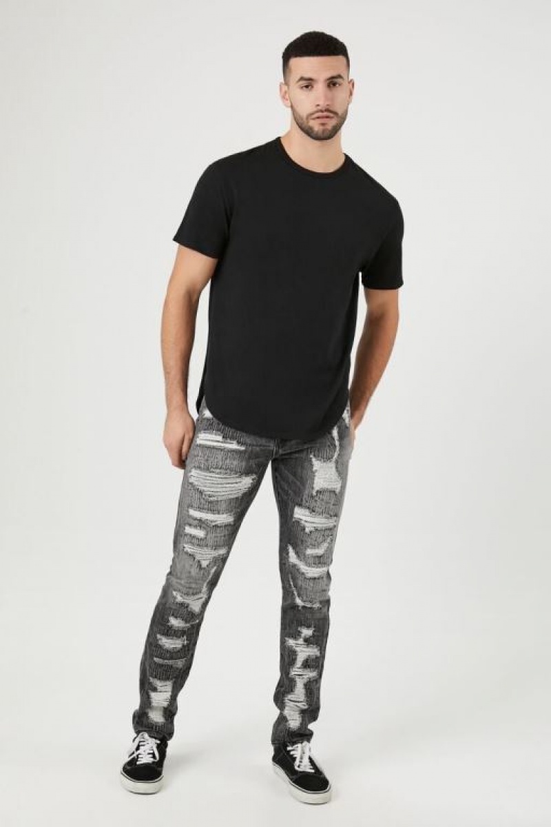 Jeans Forever 21 Distressed Stretch Denim Slim Fit Hombre Negras | HpOsAJd3GOX