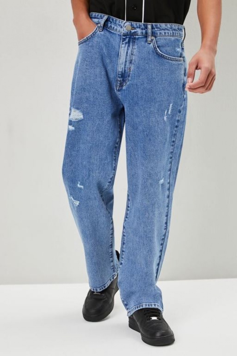 Jeans Forever 21 Distressed Wide Leg Hombre Azules | Yv52JNlEjWg