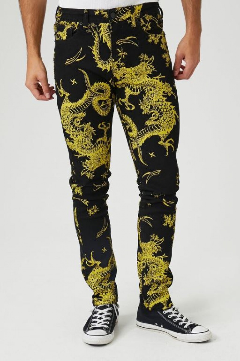 Jeans Forever 21 Dragon Print Flaco Hombre Negras Amarillo | MshbUArggUR