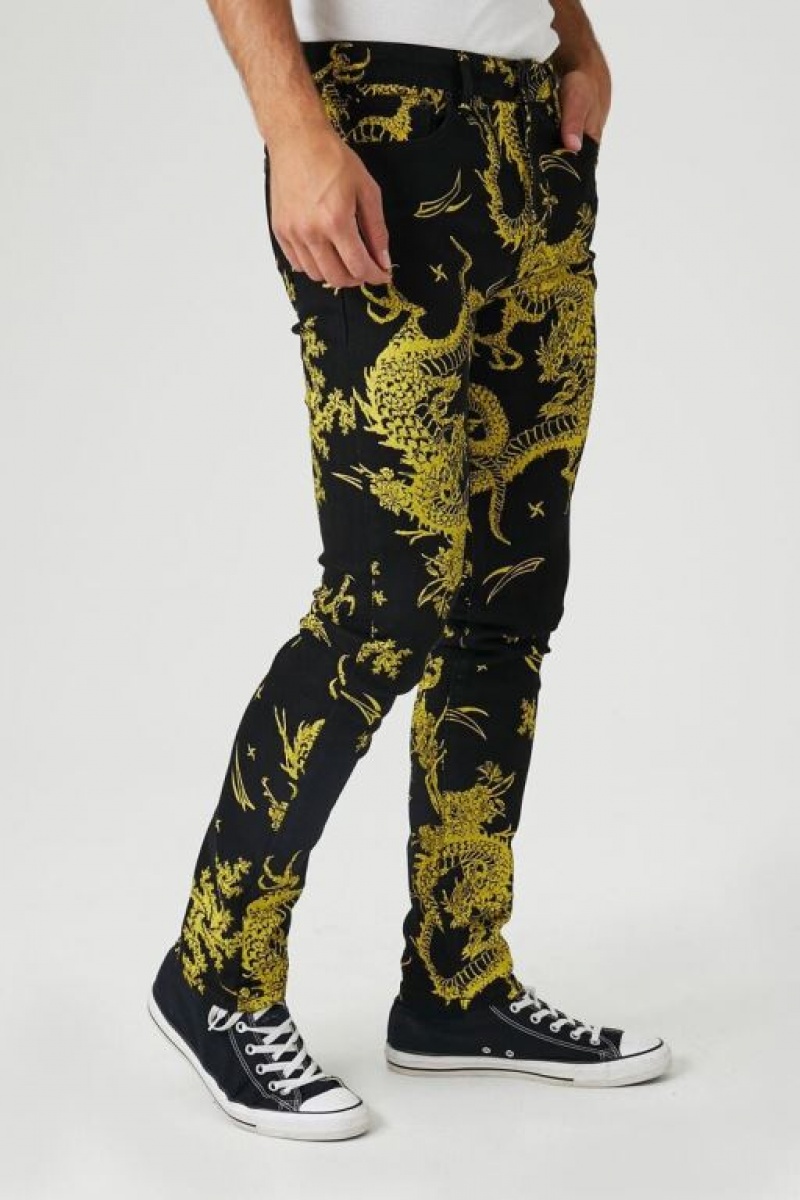 Jeans Forever 21 Dragon Print Flaco Hombre Negras Amarillo | MshbUArggUR