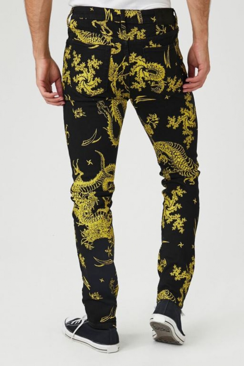 Jeans Forever 21 Dragon Print Flaco Hombre Negras Amarillo | MshbUArggUR