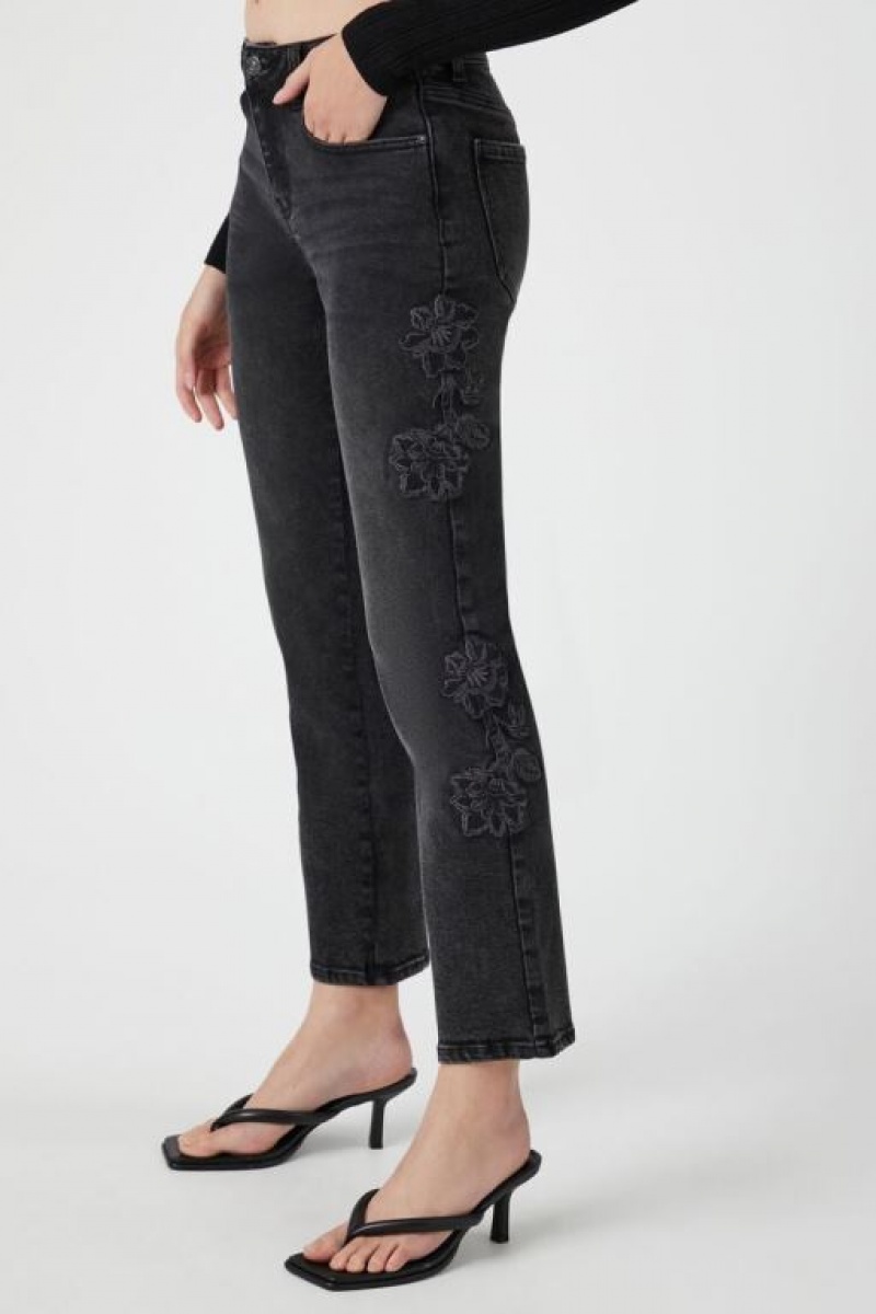 Jeans Forever 21 Embroidered Flower Directo Leg Mujer Negras | lB1fPAVijom