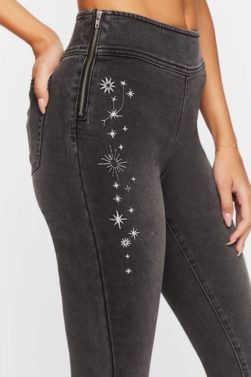 Jeans Forever 21 Embroidered High Rise Flare Mujer Negras | V8WiL8rdm1d