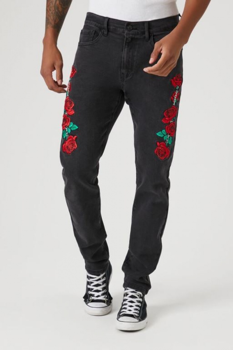 Jeans Forever 21 Embroidered Rose Flaco Hombre Negras Multicolor | yZ5ziqY1uc0