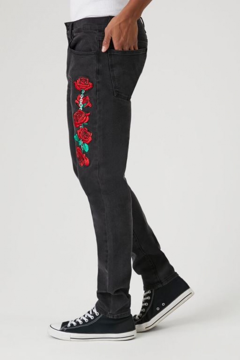 Jeans Forever 21 Embroidered Rose Flaco Hombre Negras Multicolor | yZ5ziqY1uc0