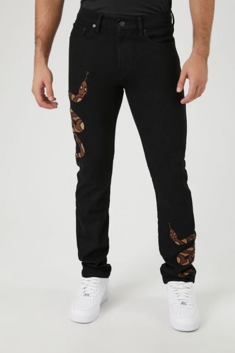 Jeans Forever 21 Embroidered Snake Slim Fit Hombre Negras Multicolor | 2G5mppN8DbF