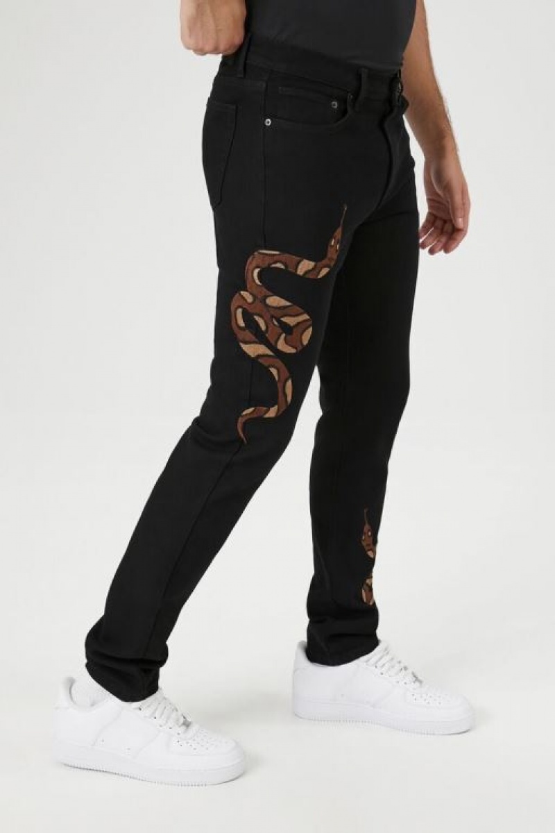 Jeans Forever 21 Embroidered Snake Slim Fit Hombre Negras Multicolor | 2G5mppN8DbF