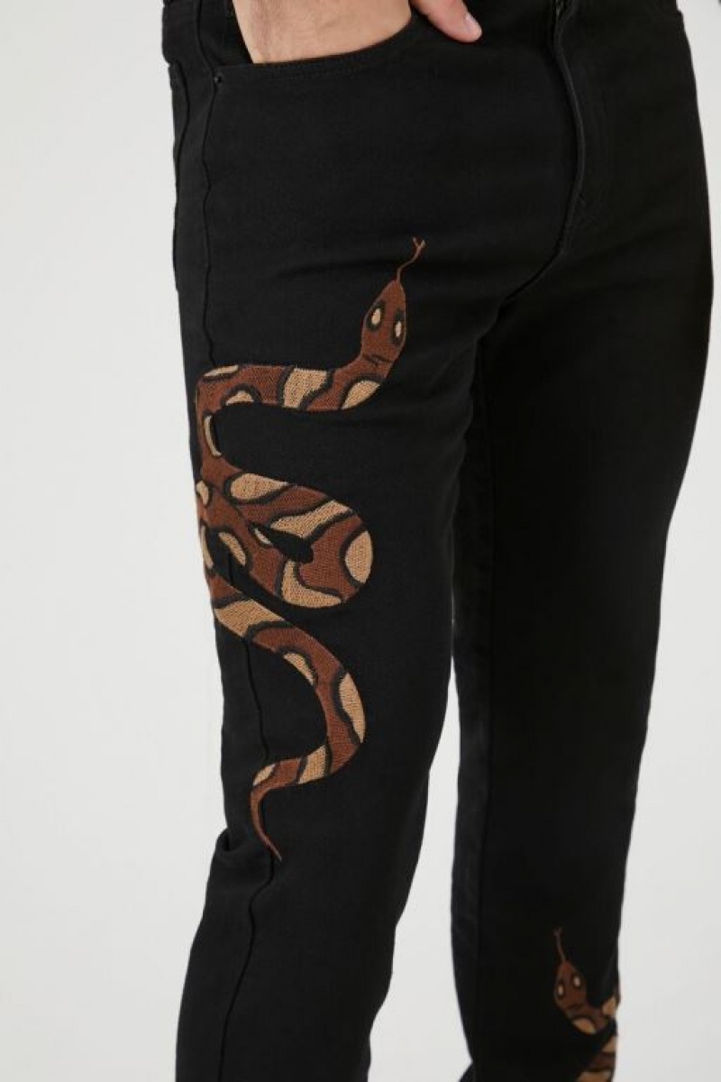 Jeans Forever 21 Embroidered Snake Slim Fit Hombre Negras Multicolor | 2G5mppN8DbF