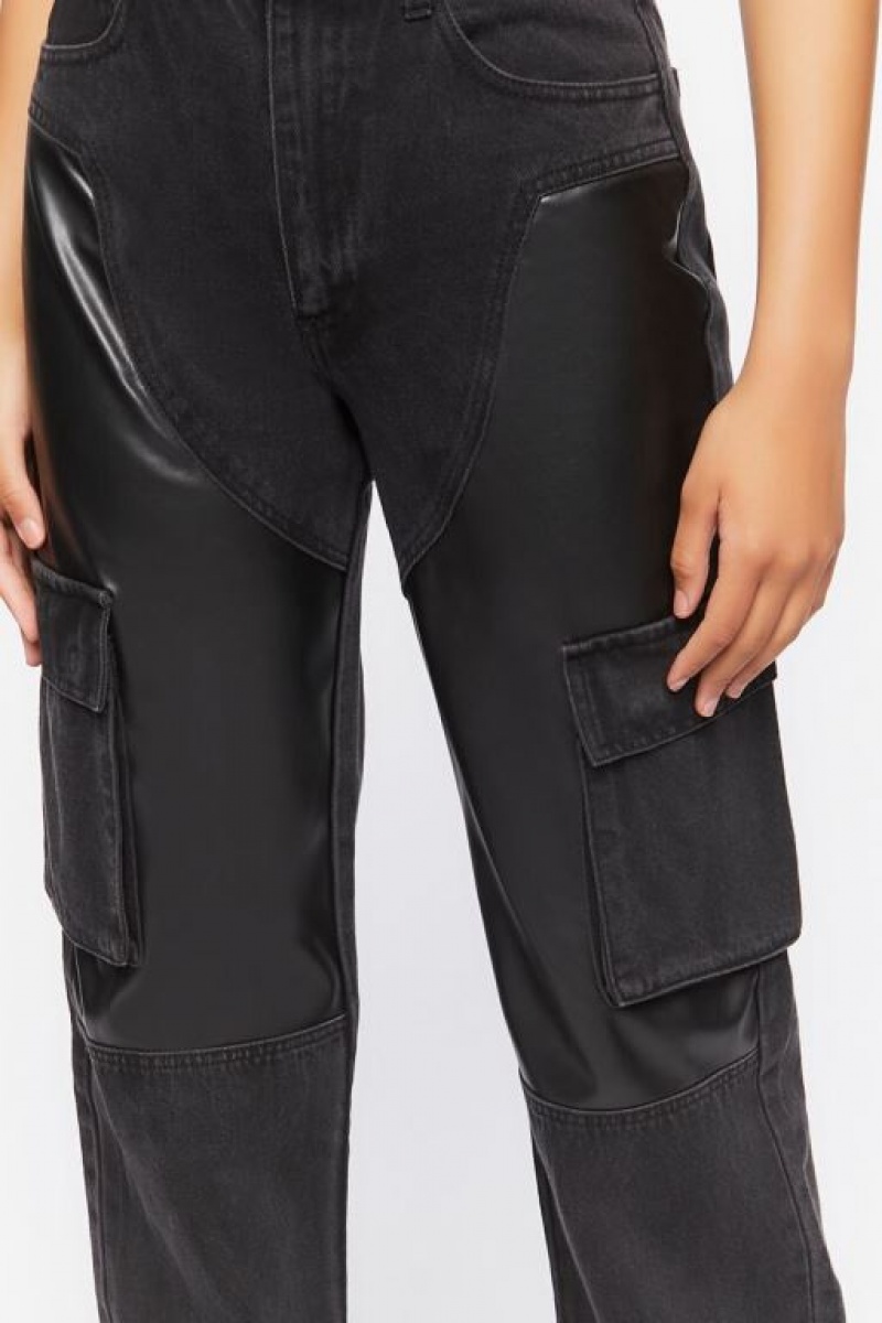 Jeans Forever 21 Faux Cuero Cargo Mujer Negras | uGkNe9l0km9