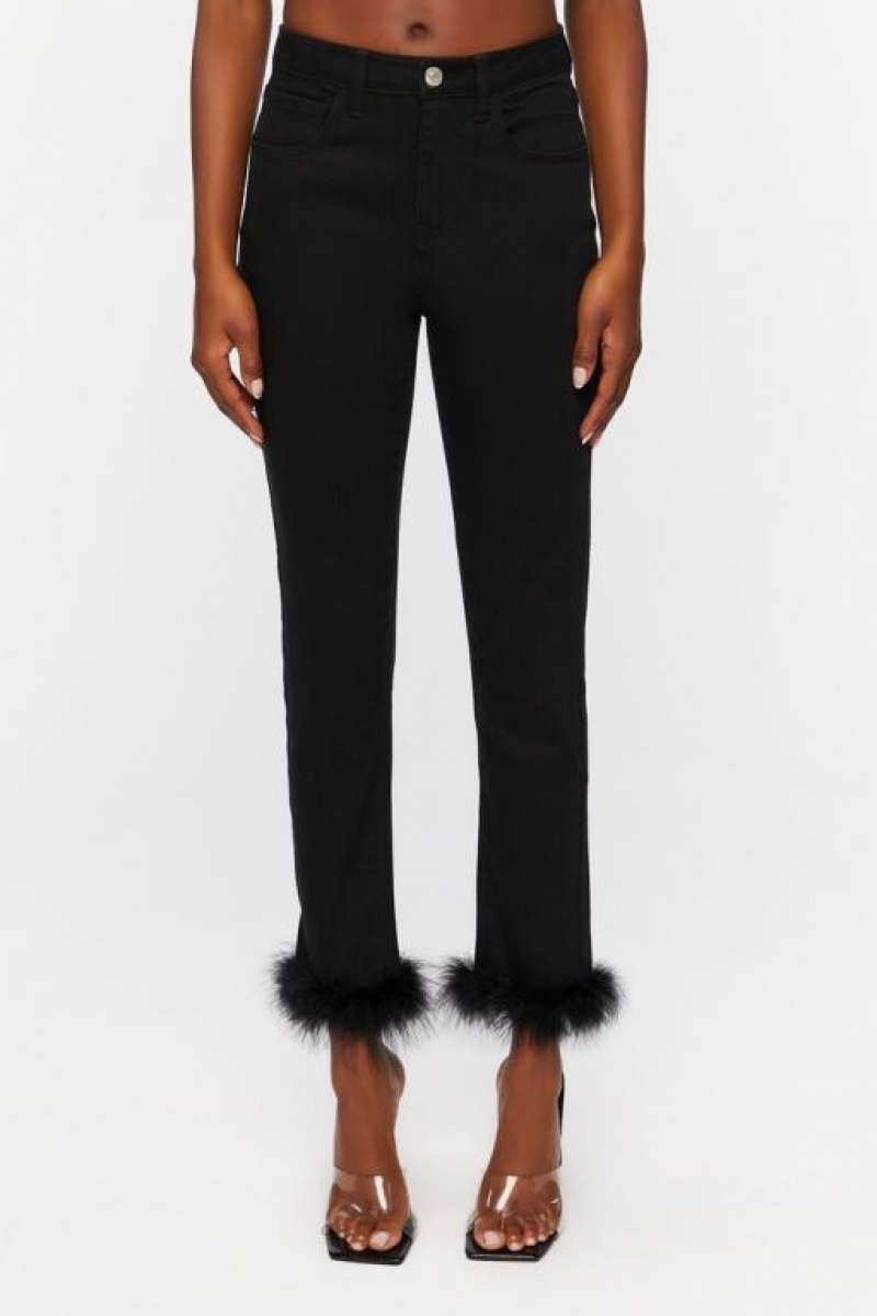 Jeans Forever 21 Faux Feather Hem Mujer Negras | wL8Elp7bKNh