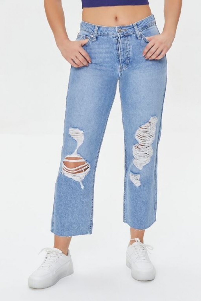 Jeans Forever 21 Frayed Mid Rise Boyfriend Petite Mujer Azules Claro | U1SUSoPEwKD