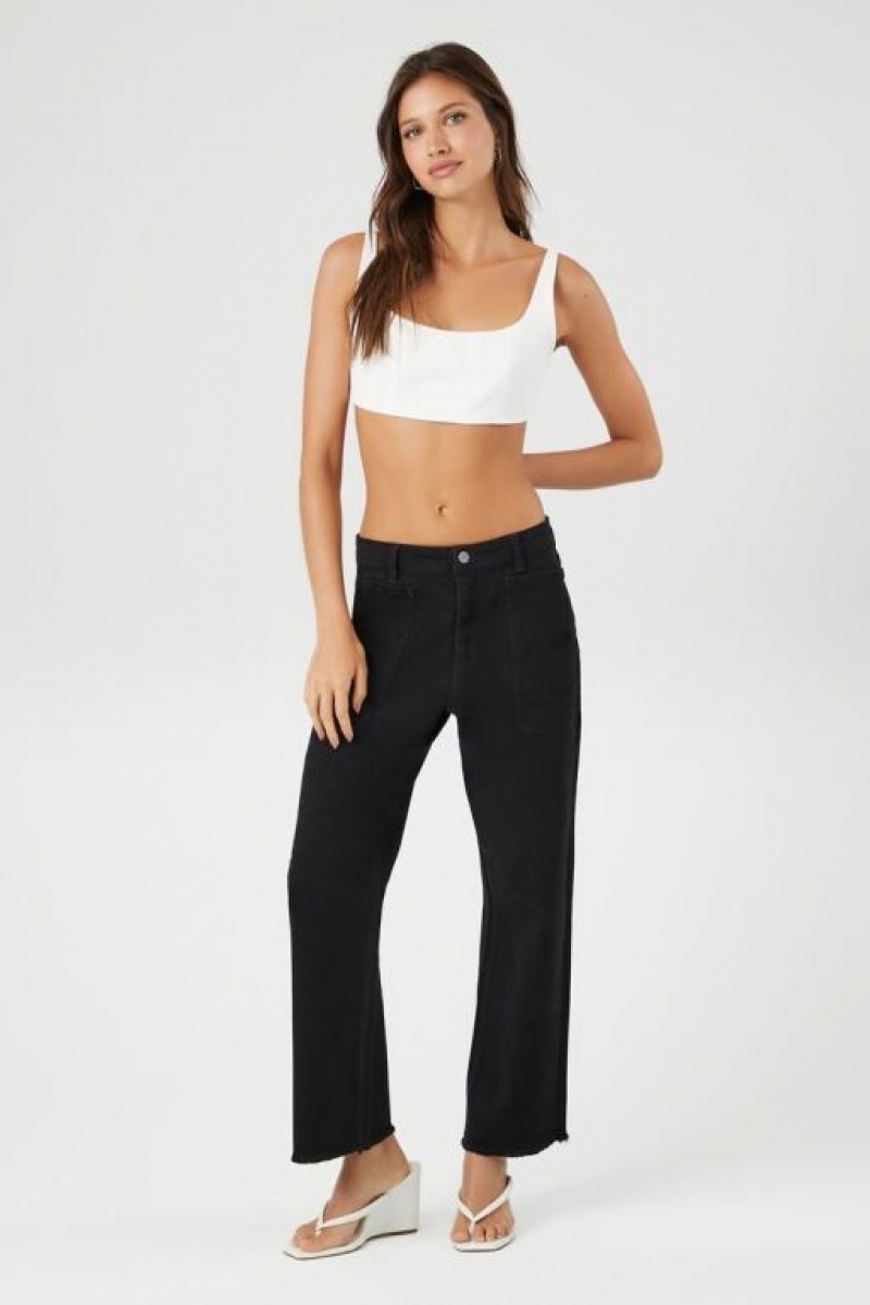 Jeans Forever 21 Frayed Wide Leg Ankle Mujer Negras | JyeHSsllgKB