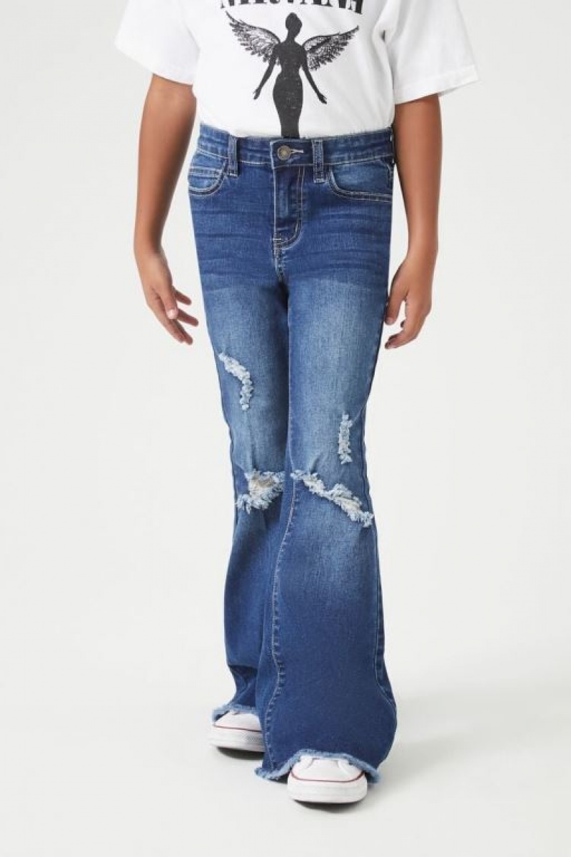 Jeans Forever 21 Girls Distressed Flare Niños Azules Oscuro | Ce1vqUEvE72