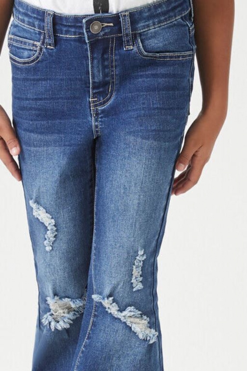 Jeans Forever 21 Girls Distressed Flare Niños Azules Oscuro | Ce1vqUEvE72