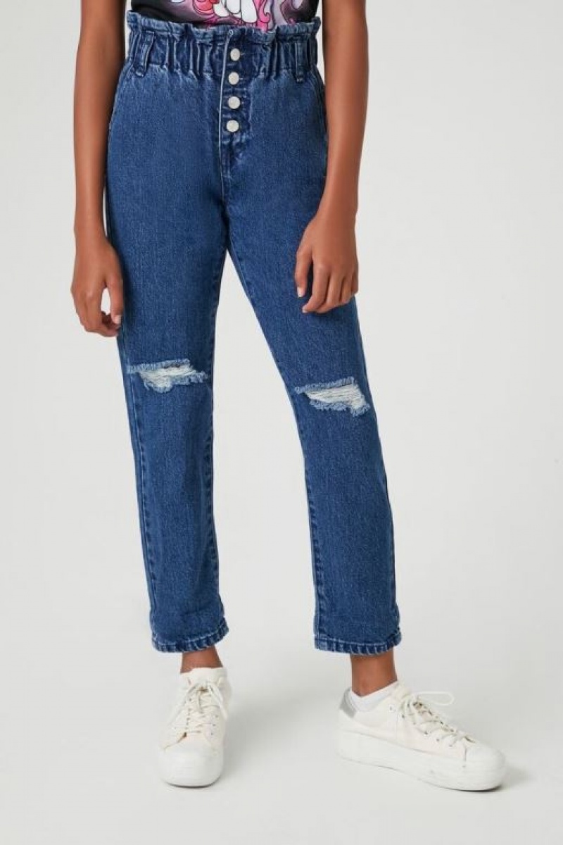 Jeans Forever 21 Girls Distressed Paperbag Niños Azules Oscuro | qtO3Dyu4Lkc