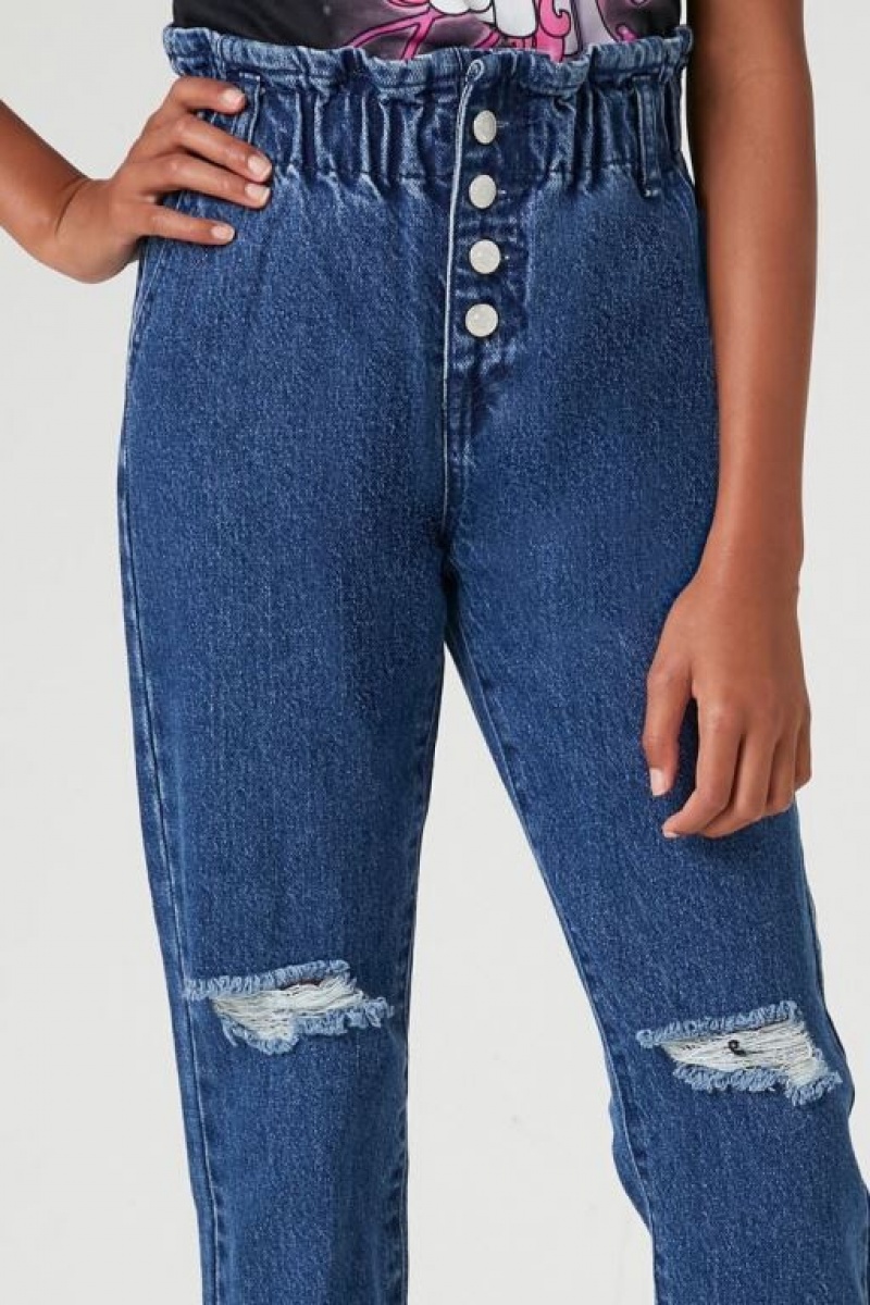 Jeans Forever 21 Girls Distressed Paperbag Niños Azules Oscuro | qtO3Dyu4Lkc