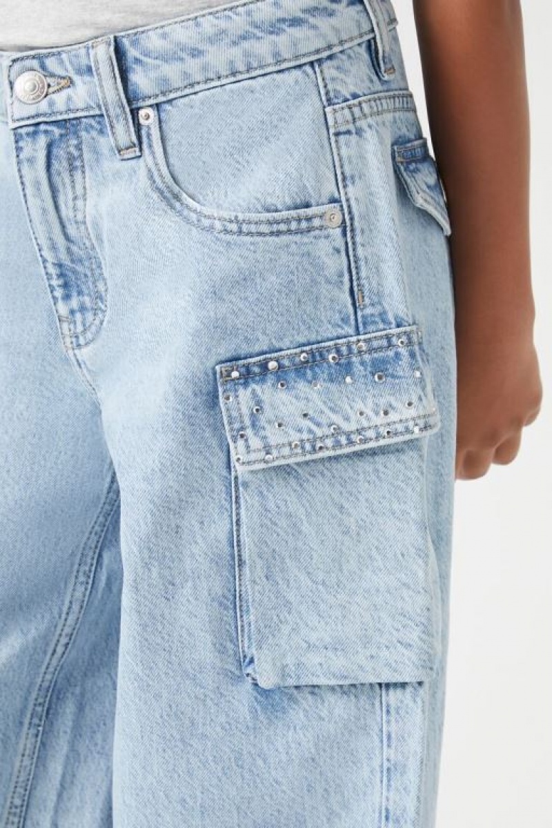 Jeans Forever 21 Girls Rhinestone Cargo Niños Azules Claro | mV32UO3bwep