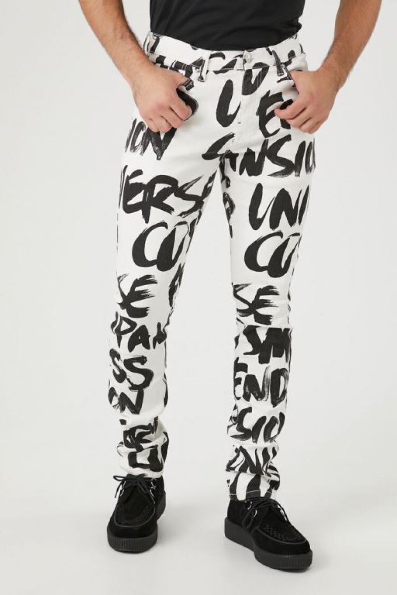 Jeans Forever 21 Graffiti Print Flaco Hombre Blancas Negras | BvZaeJ2xCJA