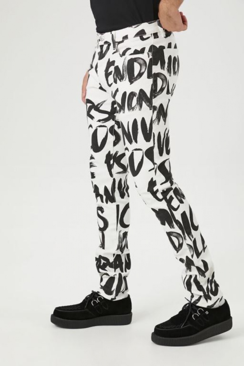 Jeans Forever 21 Graffiti Print Flaco Hombre Blancas Negras | BvZaeJ2xCJA