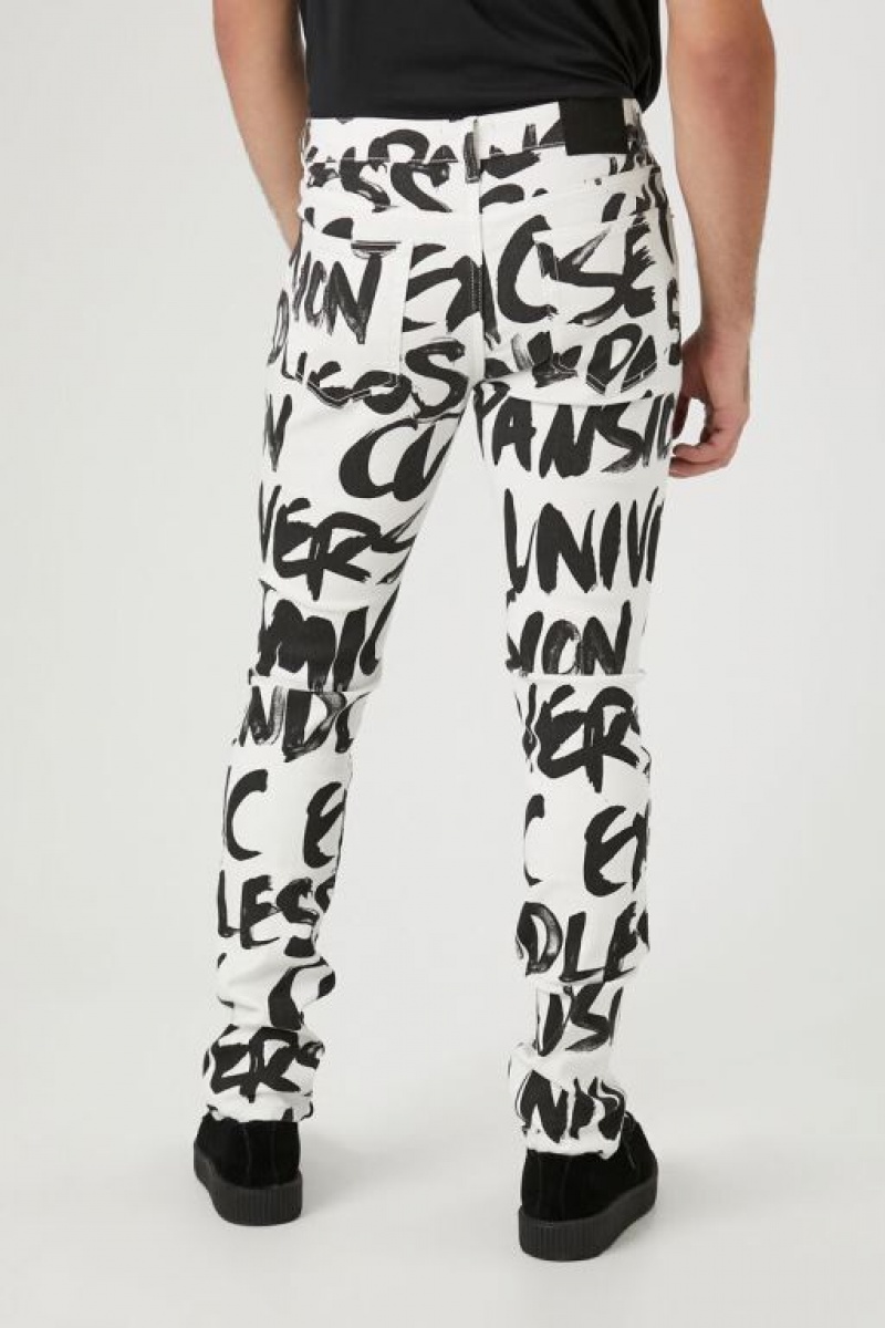 Jeans Forever 21 Graffiti Print Flaco Hombre Blancas Negras | BvZaeJ2xCJA