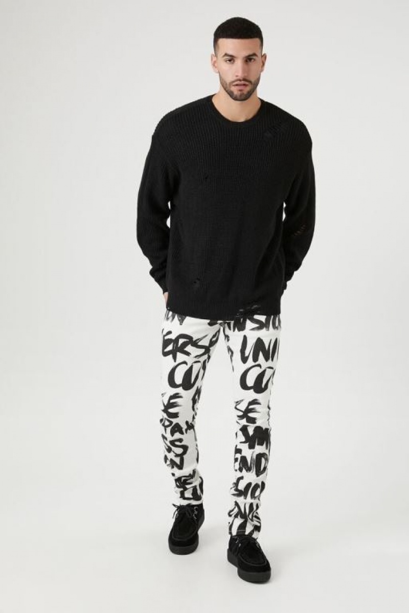 Jeans Forever 21 Graffiti Print Flaco Hombre Blancas Negras | BvZaeJ2xCJA