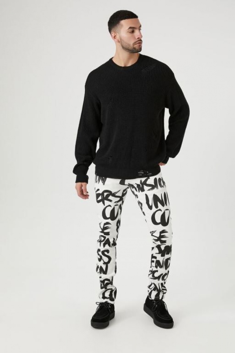 Jeans Forever 21 Graffiti Print Flaco Hombre Blancas Negras | BvZaeJ2xCJA