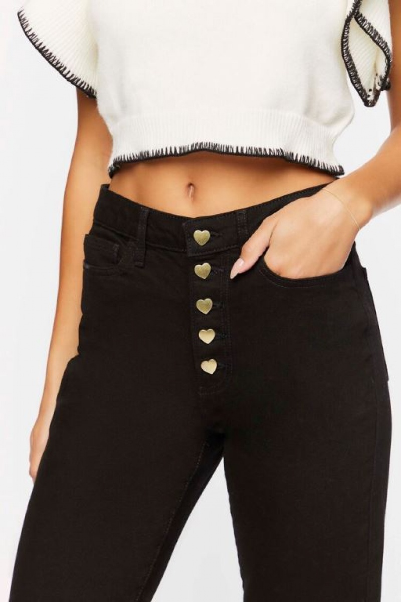 Jeans Forever 21 Heart Button Directo Leg Mujer Negras | qAPOzBL5G2F