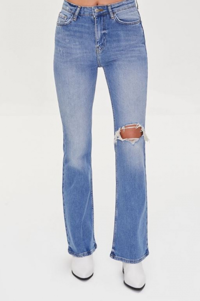 Jeans Forever 21 Hemp Distressed Flare Mujer Azules | OuZ8PwNVOSK