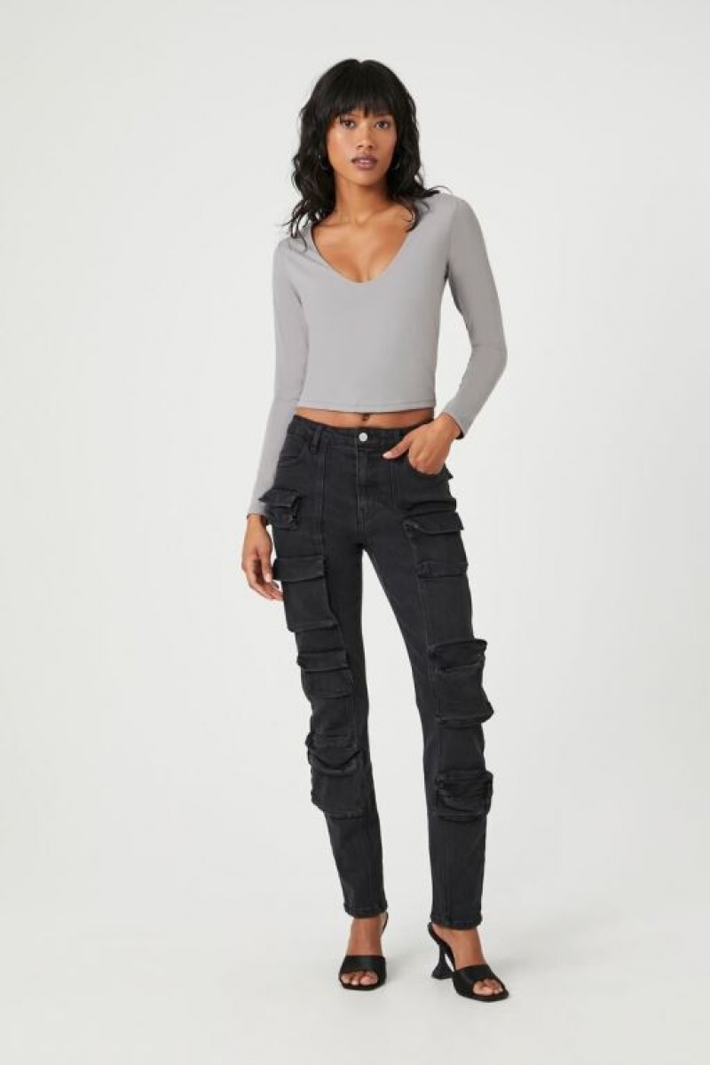 Jeans Forever 21 High Rise Cargo Mujer Negras | m9lkBoRvCuX