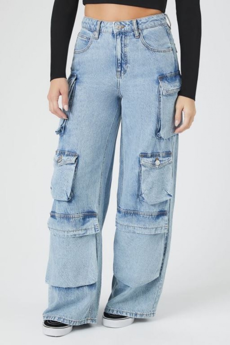 Jeans Forever 21 High Rise Wide Leg Cargo Mujer Azules Claro | UWRuV267Jsy