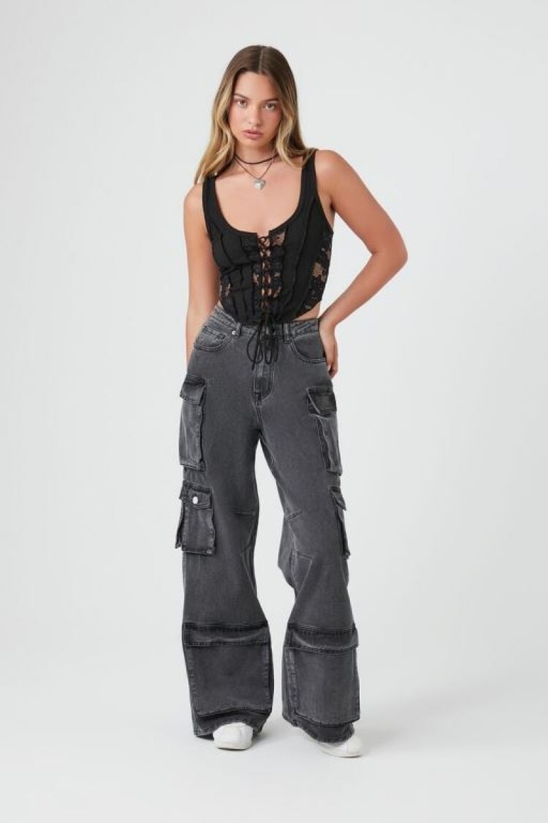 Jeans Forever 21 High Rise Wide Leg Cargo Mujer Negras | Jfg8k6QMAea