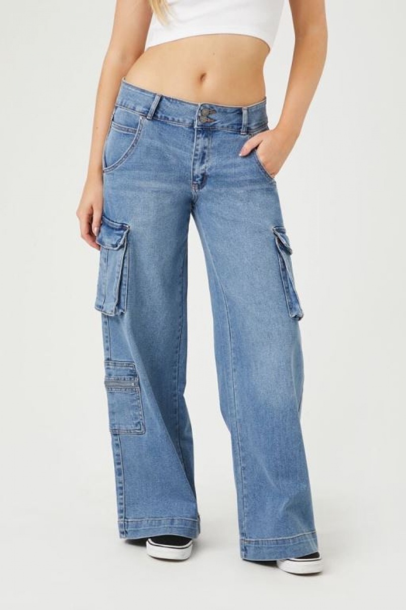 Jeans Forever 21 Low Rise Wide Leg Cargo Mujer Azules | ZfwMGRPD7g2