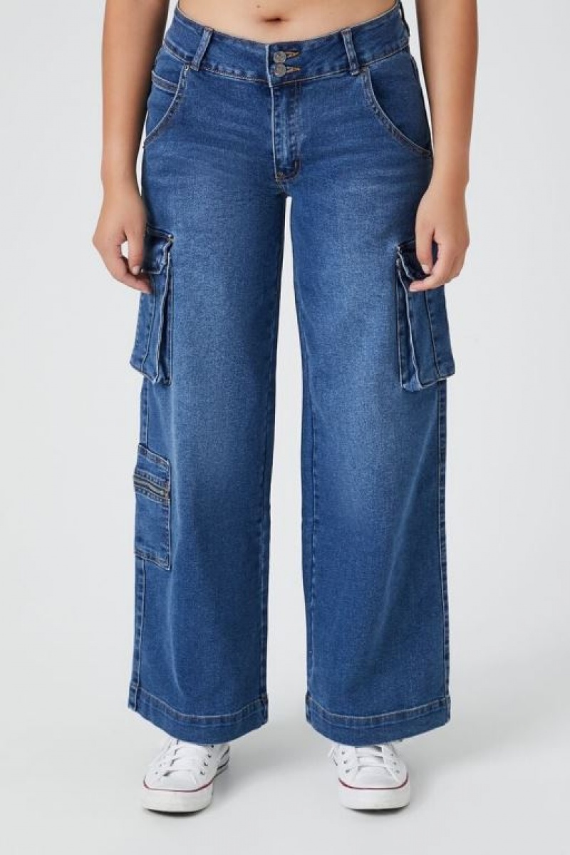 Jeans Forever 21 Low Rise Wide Leg Cargo Mujer Azules Oscuro | h6mLeYjdeQE